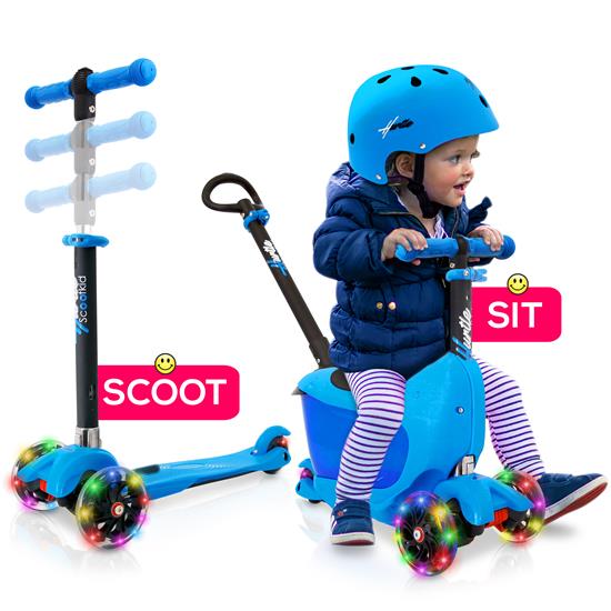 Pyle - HUKS86B , Sports and Outdoors , Kids Toy Scooters , ScootKid 3-Wheel Kids Scooter - Child & Toddler Toy Scooter with Built-in LED Wheel Lights, Storage Box Comfort Seat, Adult Push-Bar Handle (Ages 1-5 Years)