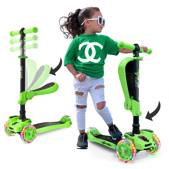 Pyle - HURFS69G , Sports and Outdoors , Kids Toy Scooters , ScootKid 3-Wheel Kids Scooter - Child & Toddler Toy Scooter with Built-in LED Wheel Lights, Fold-Out Comfort Seat (Ages 1+) (Green)