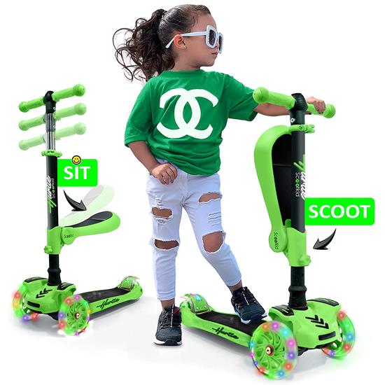 Pyle - HURFS69G , Sports and Outdoors , Kids Toy Scooters , ScootKid 3-Wheel Kids Scooter - Child & Toddler Toy Scooter with Built-in LED Wheel Lights, Fold-Out Comfort Seat (Ages 1+) (Green)