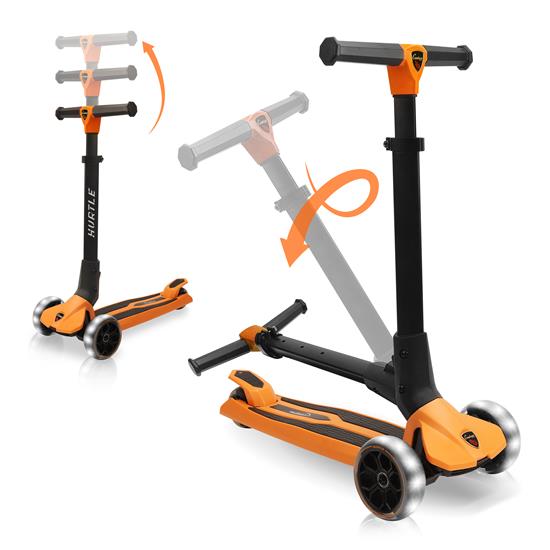 Pyle - HURXLOG , Sports and Outdoors , Kids Toy Scooters , 3-Wheel Foldable Kids Scooter - Child Toy Scooter with Built-in LED Wheel Lights, Easy Maneuvering Lean-to-Steer Technology (Orange)