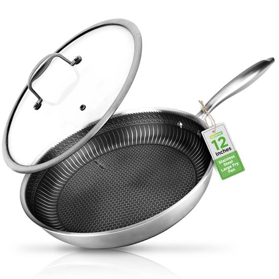 Pyle - NC3PL12 , Kitchen & Cooking , Cookware & Bakeware , 12'' Stir Fry Pan with Glass Lid - Triply Stainless Steel Cookware, DAKIN Etching Non-Stick Coating Inside and Outside