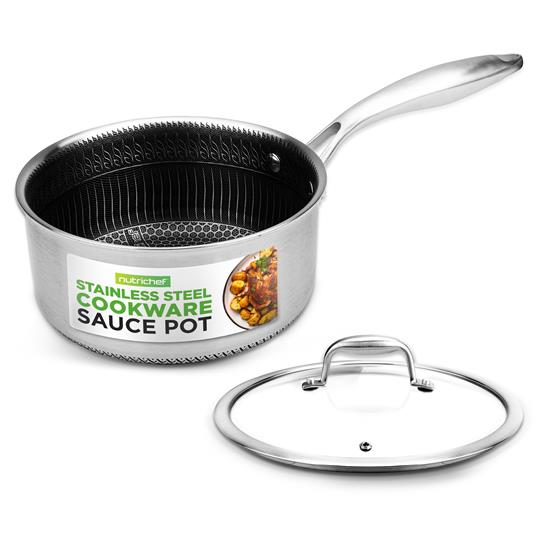 Pyle - NC3PSP , Kitchen & Cooking , Cookware & Bakeware , Sauce Pot with Glass Lid - TriPly Stainless Steel Cookware, DAKIN Etching Non-Stick Coating Inside and Outside