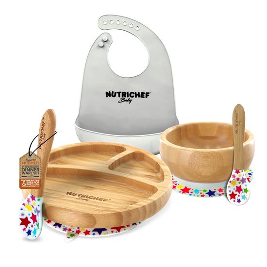 Pyle - NCBPS21.5 , Baby , Stars Bamboo Dinnerware Set with Silicone Suction and Bibs for Kids