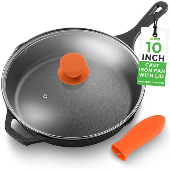 Pyle - NCCI10 , Kitchen & Cooking , Cookware & Bakeware , 10'' Pre-Seasoned Cast Iron Pan - Fry Pan with Glass Lid & Silicone Handle