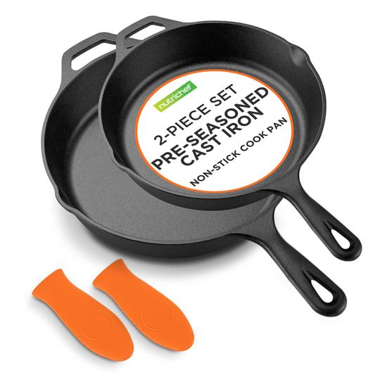 Pyle - NCCI2PCS , Kitchen & Cooking , Kitchen Tools & Utensils , 10’’ & 12'' Pre-Seasoned Cast Iron Skillet - Non-stick Cooking Pan With Assist Silicone Handle (2-Piece Set)