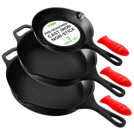 Pyle - NCCIPS3P49 , Kitchen & Cooking , Cookware & Bakeware , Kitchen Skillet Pans - Pre-Seasoned Iron Skillet Cooking Pan Set with Cool Touch Comfort Handles (3 Pcs.)