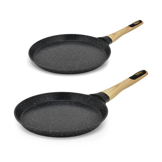 Pyle - NCMKCP002411BK , Kitchen & Cooking , 11” Non-Stick Crepe Pan with Spreader with Wooden Spreader, Bakelite Handle with Wooden Soft Touch and Induction Bottom (Black Marble)