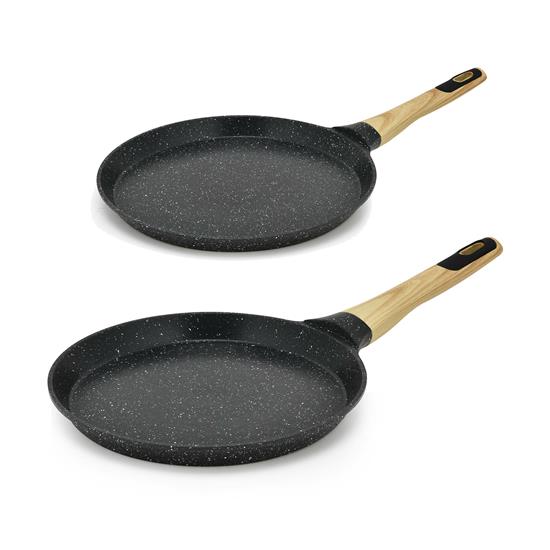 Pyle - NCMKCP0024BK , Kitchen & Cooking , 9.45” Non-Stick Crepe Pan with Spreader with Wooden Spreader, Bakelite Handle with Wooden Soft Touch and Induction Bottom (Black Marble)