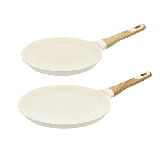 Pyle - NCMKCP0024WT , Kitchen & Cooking , 9.45” Non-Stick Crepe Pan with Spreader with Wooden Spreader, Bakelite Handle with Wooden Soft Touch and Induction Bottom (White Cream Marble)