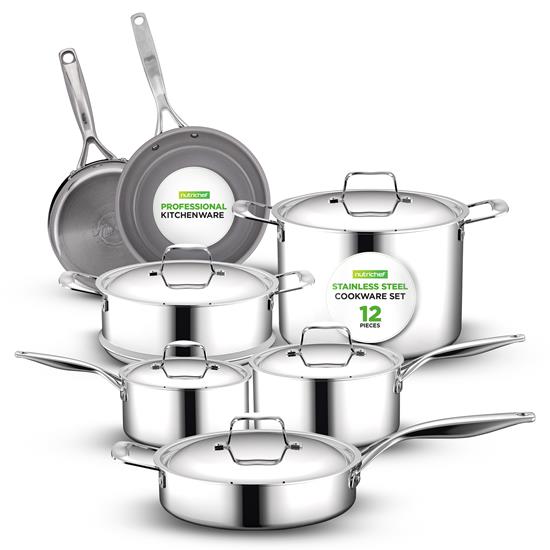 Pyle - NCSSX45.5 , Kitchen & Cooking , Cookware & Bakeware , Kitchenware Pots & Pans Set - Clad Kitchen Cookware, Frypan Interior Coated with Prestige Ceramic Non-Stick Coating (12-Piece Set)