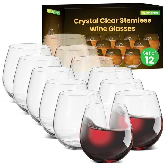 Pyle - NGLWINE99 , Kitchen & Cooking , Kitchen Tools & Utensils , 12 Pcs. of Crystal-Clear Stemless Wine Glass - Ultra Clear and Thin, Elegant Clear Wine Glasses, Hand Blown