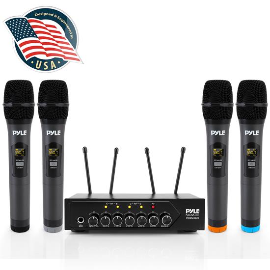 Pyle - CA-PDWM4120 , Musical Instruments , Microphone Systems , Sound and Recording , Microphone Systems , Home & Office UHF Wireless Microphone System - Bluetooth PA Public Address Mic System with Microphone Talk-Over, Includes (4) Handheld Mics