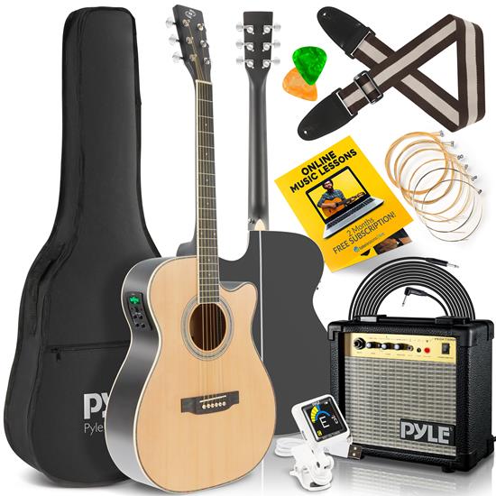 Pyle - PEAGKT100 , Musical Instruments , 40” Inch   6-String Electric Acoustic Guitar With Amplifier - Guitar with Digital Tuner & Accessory Kit (Nature color, matt finish)