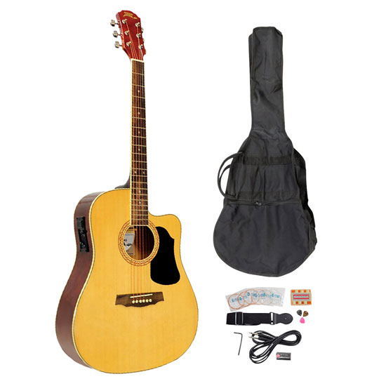 Pyle - PGAKT40N , Musical Instruments , String & Wind Instruments , 41'' Acoustic-Electric Guitar Package With Gig Bag, Strap, Picks, Tuner, and Strings (Natural Color)