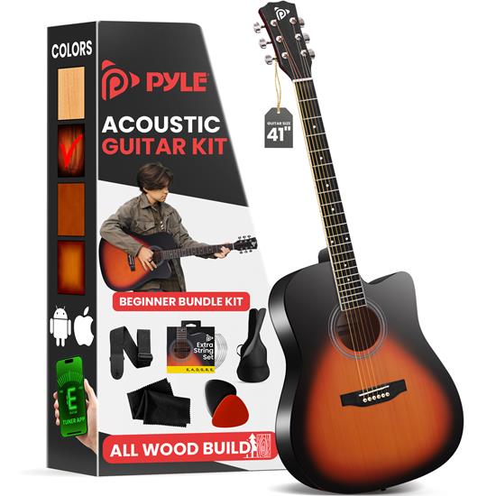 Pyle - PGSTGR007SBD , Musical Instruments , String & Wind Instruments , 41" Full-Size Acoustic Guitar Kit, Cutaway Body with Digital Tuner, and Accessory Kit, (Sunburst Teardrop)