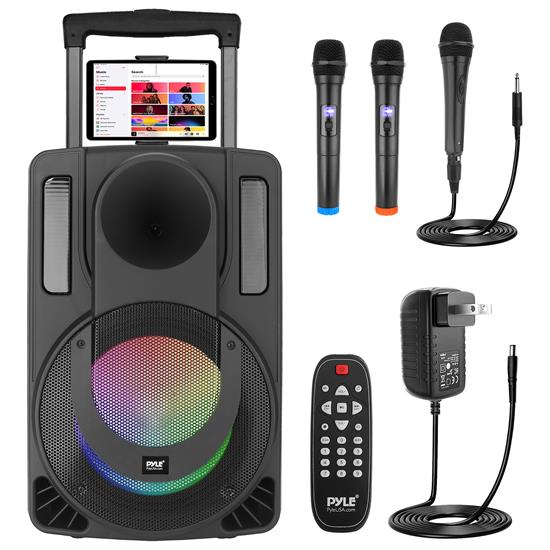 Pyle - PHPWA15TB , Sound and Recording , PA Loudspeakers - Cabinet Speakers , 15’’ Bluetooth Portable PA Speaker - Portable PA & Karaoke Party Audio Speaker with Built-in Rechargeable Battery, Two Wireless Microphone, Wired Microphone, Tablet Stand, Flashing Party Lights, MP3/USB/ /FM Radio