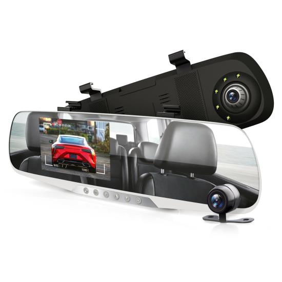 Pyle - PLCMDVR46 , On the Road , Rearview Backup Cameras - Dash Cams , FHD 1080p DVR Dash Cam Kit - Dual Camera Rearview Mirror Video Recording System with Waterproof Backup Cam, 4.3’’ -inch Display