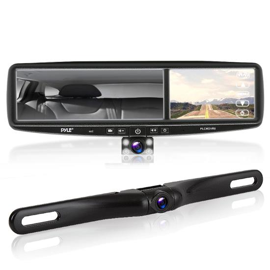 Pyle - PLCMDVR8 , On the Road , Rearview Backup Cameras - Dash Cams , HD Vehicle Backup Camera System - DVR Dual Camera Rearview Mirror Video Recording, Waterproof Night Vision Cam, 1080p