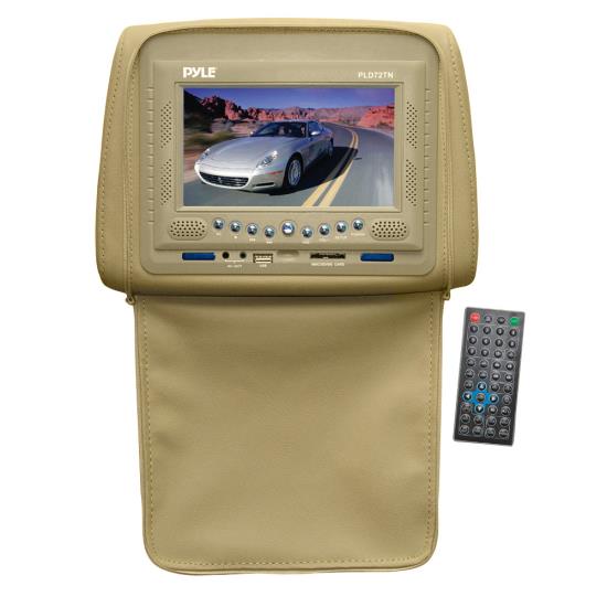 Pyle - PLD72TN , On the Road , Headrest Video , Adjustable Headrest w/ Built-In 7'' TFT/LCD Monitor w/ Built in Multimedia Disc Player & IR/FM Transmitter With Cover (Tan)