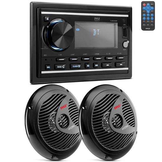 Pyle - PLMR2DNBK , On the Road , Headunits - Stereo Receivers , Marine Stereo Receiver Power Amplifier & Speaker Kit - AM/FM/MP3/BT/USB/AUX, Marine Stereo Receiver, Double DIN, 30 Preset Memory Stations, LCD Display with Remote Control & 1 Pair of PLMR60B