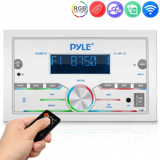 Pyle - PLMR77U , On the Road , Headunits - Stereo Receivers , Marine Stereo Receiver Power Amplifier - AM/FM/MP3/USB/AUX/SD Card Reader Marine Stereo Receiver, Double DIN, 30 Preset Memory Stations, LCD Display with Remote Control