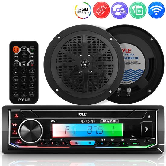 Pyle - CA-PLMRK47BK , On the Road , Headunits - Stereo Receivers , Marine Stereo Receiver Power Amplifier - AM/FM/MP3/USB/AUX/SD Card Reader Marine Stereo Receiver, Single DIN, 30 Preset Memory Stations, LCD Display with Remote Control