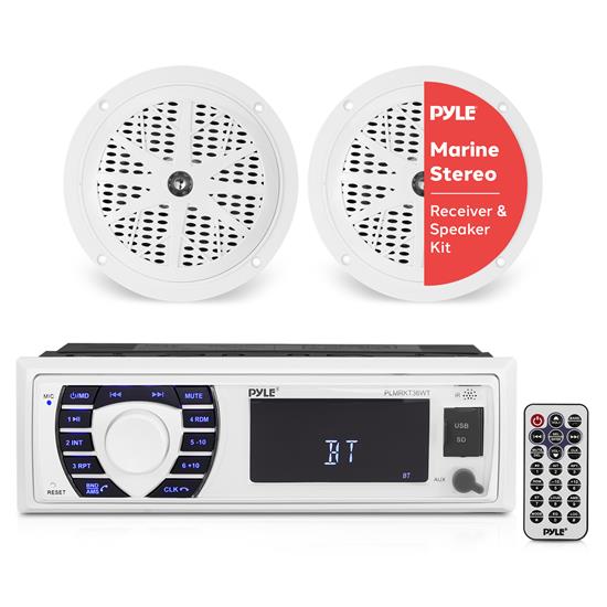 Pyle - PLMRKT36WT , Marine and Waterproof , Receiver & Speaker Kits , Bluetooth Marine Stereo Receiver & Speaker Kit, Hands-Free Calling, Wireless Streaming, MP3/USB/SD Readers, AM/FM Radio, (2) 5.25” Waterproof Speakers (White)