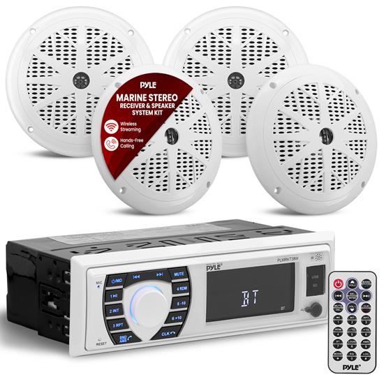 Pyle - PLMRKT38W , Marine and Waterproof , Receiver & Speaker Kits , Bluetooth Marine Stereo Receiver & Speaker System Kit, Hands-Free Calling, Wireless Streaming, MP3/USB/SD Readers, AM/FM Radio, (4) 6.5” Waterproof Speakers (White)