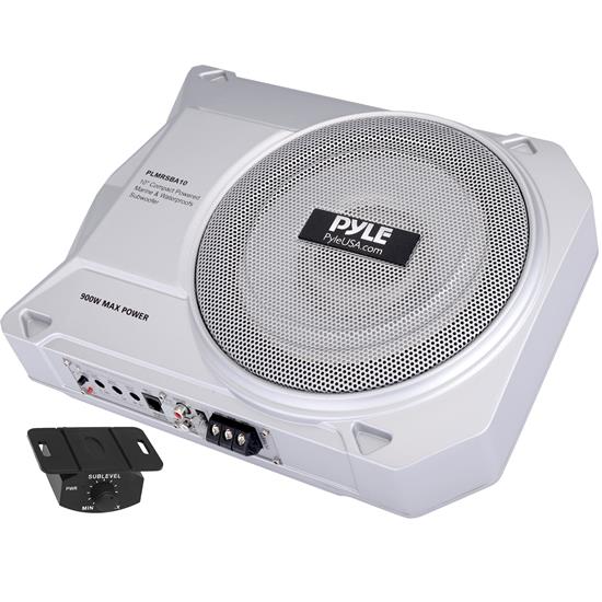 Pyle - PLMRSBA10 , On the Road , Vehicle Amplifiers , 10” 900 Watts Low-Profile Active Amplified Marine & Waterproof Subwoofer System Suitable for Under-seat Installations