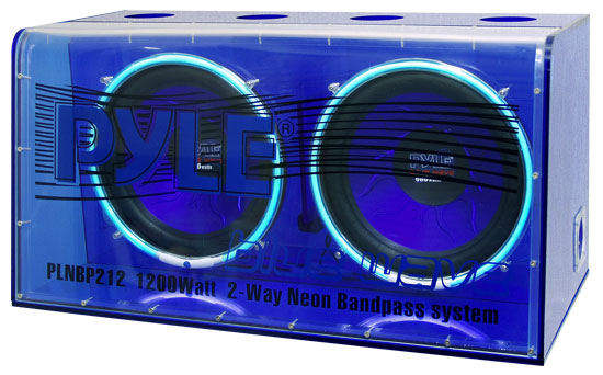 Pyle - PLNBP212 , On the Road , Subwoofer Enclosures , Dual 12'' 1200 Watt Full Plexi-Enclosure Bandpass System w/Neon Speaker Rings