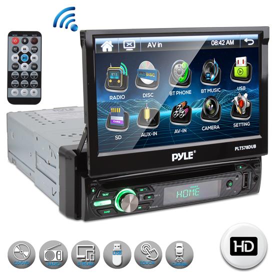 Pyle - PLTS78DUB , On the Road , Headunits - Stereo Receivers , Car Stereo Video Receiver with Multimedia Disc Player, Bluetooth Wireless Streaming, Hands-Free Talking, Motorized Fold-Out 7’’ Touchscreen Display, MP3/USB/AM/FM Radio, Single DIN