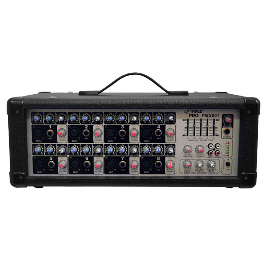 Pyle - PMX801 , Sound and Recording , Mixers - DJ Controllers , 8-Channel Powered PA Mixer / Amplifier, 200 Watt, Aux (3.5mm) and RCA Input Connector Jacks, Graphic EQ