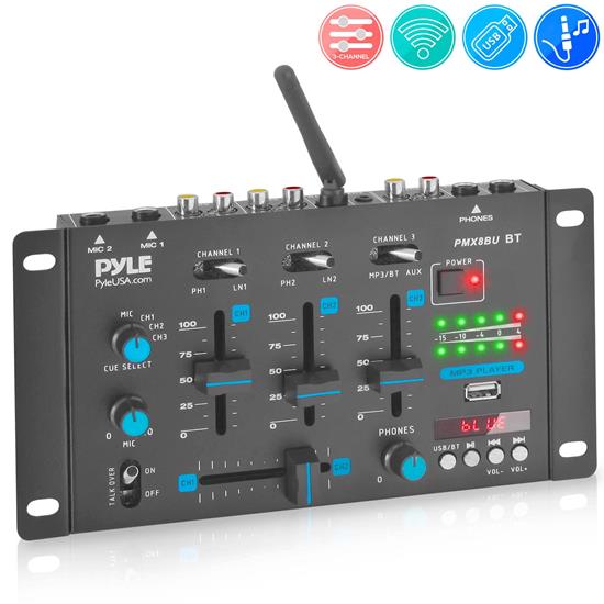 Pyle - CA-PMX8BU , Sound and Recording , Mixers - DJ Controllers , Professional 3-Channel DJ Mixer - Built-in Bluetooth for Wireless Music Streaming, USB/Phono/Microphone & Line (3.5 mm) Inputs, CUE Select for Pre-Listening with Digital LED Display