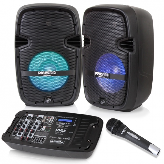 Pyle - PPHP210AMX , Sound and Recording , PA Loudspeakers - Cabinet Speakers , Stage & Studio PA Speaker & DJ Mixer Bundle Kit - (2) 10’’ Bluetooth PA Loud-Speakers with Built-in LED Lights, 8-Ch. Audio Mixer, Speaker Stands, Wired Microphone (600 Watt)