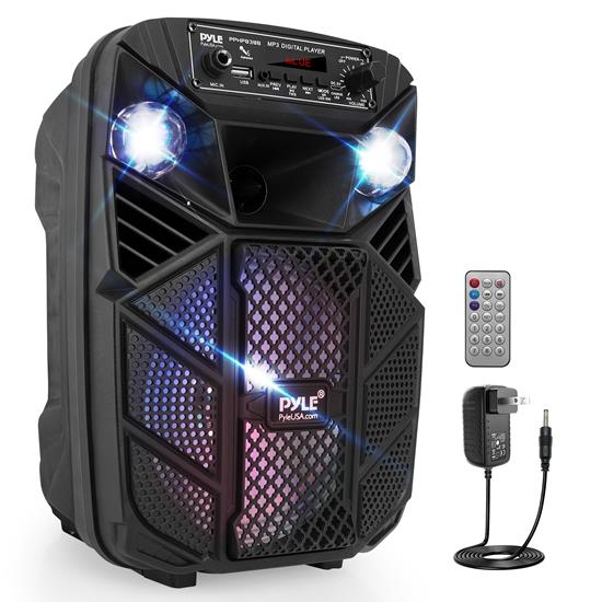 Pyle - PPHP838B , Sound and Recording , PA Loudspeakers - Cabinet Speakers , 8’’ Bluetooth Portable PA Speaker - Portable PA & Karaoke Party Audio Speaker with Built-in Rechargeable Battery, Flashing Party Lights, MP3/USB/ /FM Radio (300 Watt MAX)