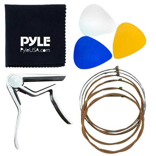 Pyle - PRTPGACLS821020 , Parts , Acoustic Guitar Accessory Kit - Steel Strings, Full Set of Replacement, Silver Capo, 3 pcs ABS Picks & Cleaning Cloth