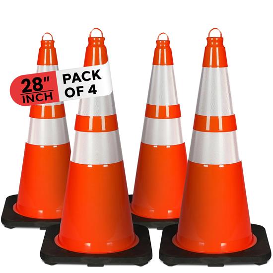 Pyle - PTCN28X4 , On the Road , Safety Barriers , 28" PVC Cone - 4 Pieces High Visibility Structurally Stable for Traffic, Parking, and Construction Safety (Orange)