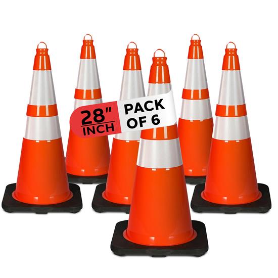 Pyle - PTCN28X6 , On the Road , Safety Barriers , 28" PVC Cone - 6 Pieces High Visibility Structurally Stable for Traffic, Parking, and Construction Safety (Orange)