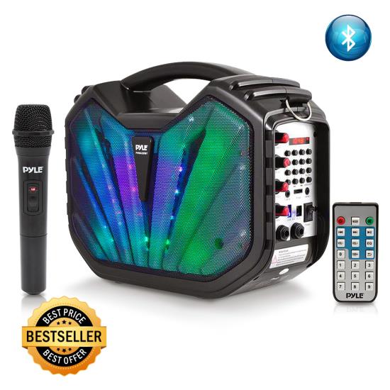 Pyle - PWMA285BT , Sports and Outdoors , Portable Speakers - Boom Boxes , Gadgets and Handheld , Portable Speakers - Boom Boxes , Portable Bluetooth Karaoke Speaker System, Flashing DJ Lights, Built-in Rechargeable Battery, Wireless Microphone, Recording Ability, MP3/USB/SD/FM Radio