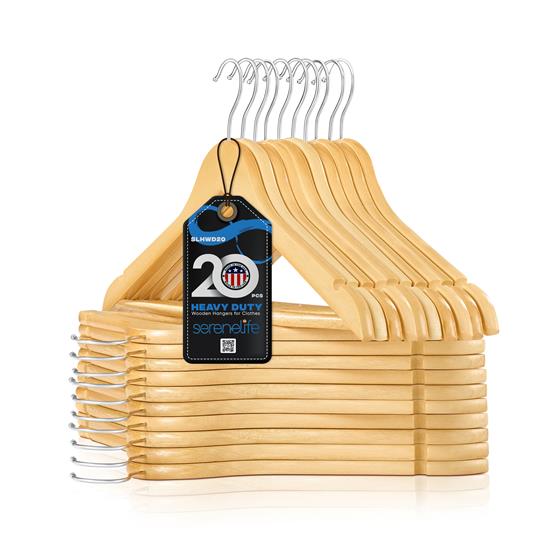 Pyle - SLHWD20 , Home and Office , Storage - Organization , 20 Pcs. of Solid Wooden Hangers for Clothes - Heavy Duty Suit Hanger Set with Chrome 360° Swivel Hook- Notches Design for Camisole, Jacket, Pant, Dress Clothes Hangers (Natural Color)