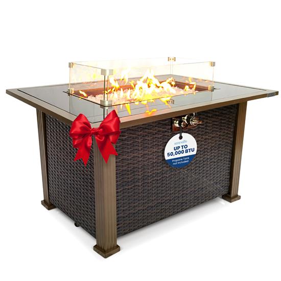 Pyle - SLNFLG44 , Misc , Outdoor Propane Gas Fire Pit Table - 50,000 BTU Auto-Ignition Gas Firepit with Glass Wind Guard, Black Tempered Glass Tabletop & Clear Glass Rock