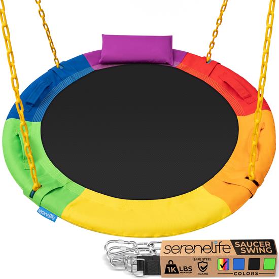 Pyle - SLSWNGHV08RB , Sports and Outdoors , 40" Saucer Swing with Chains - Indoor/Outdoor Hanging Chain Swinging Seat Spinner with Hang Kit, Swivel, Carry Bag (Rainbow)